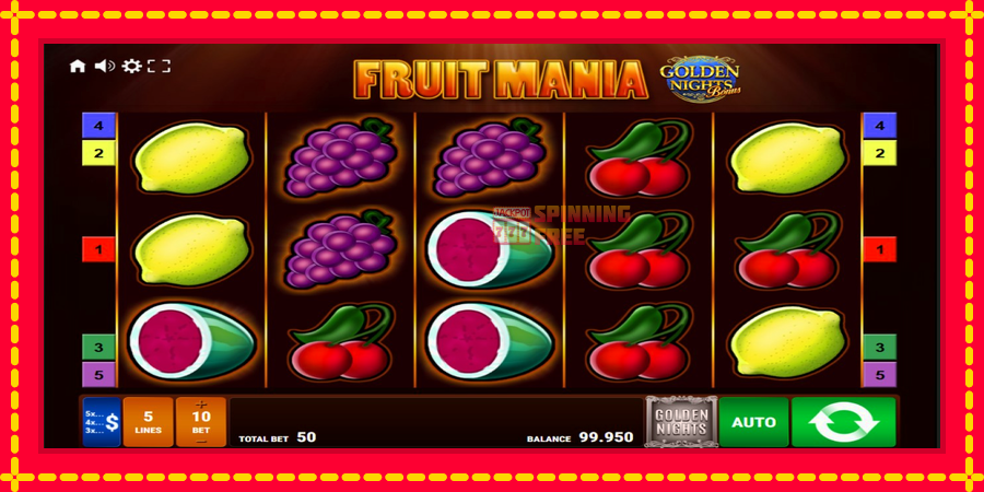 Fruit Mania Golden Nights mesin slot dengan animasi cerah, gambar 1