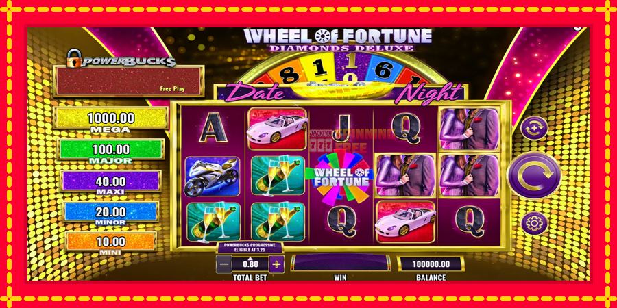 PowerBucks Wheel of Fortune Diamonds Deluxe Date Night mesin slot dengan animasi cerah, gambar 2